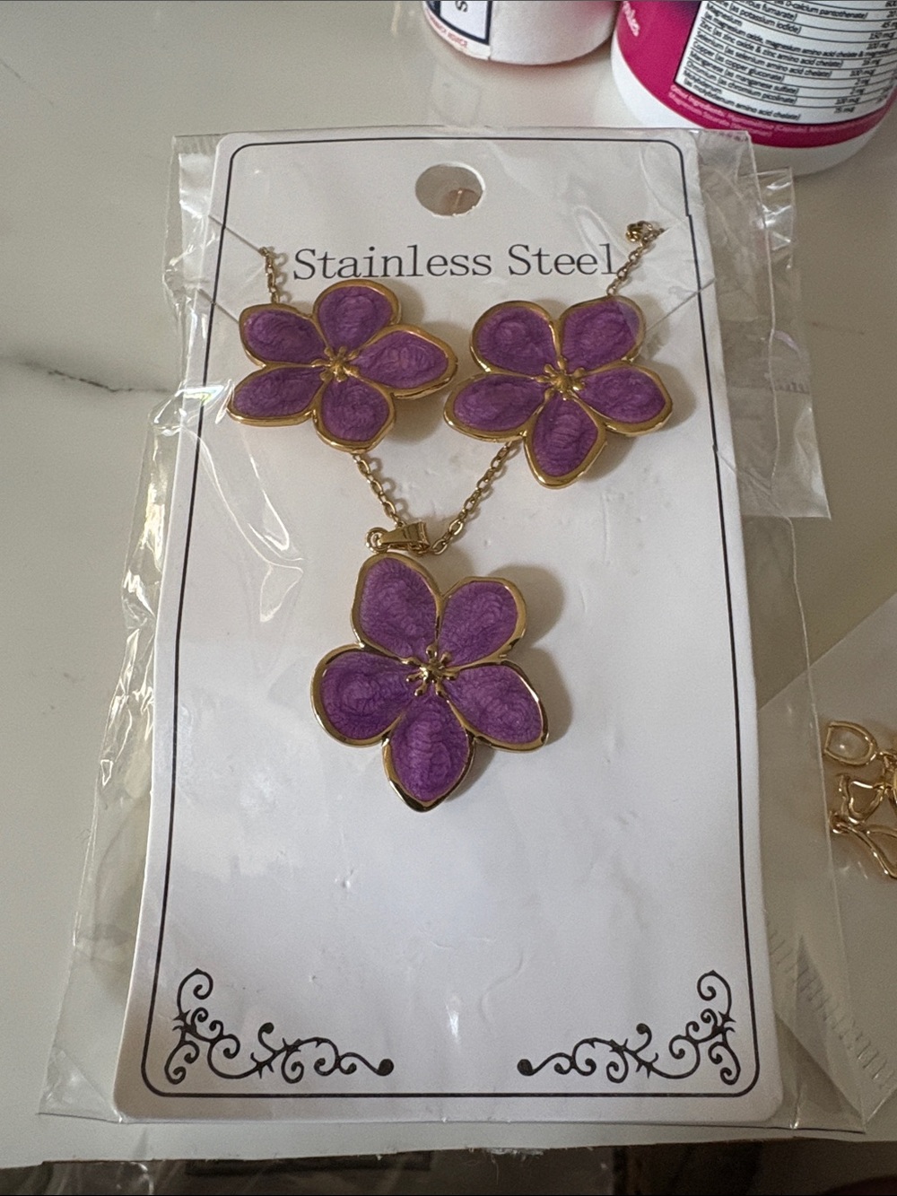 Purple Flower Necklace and Earring Set